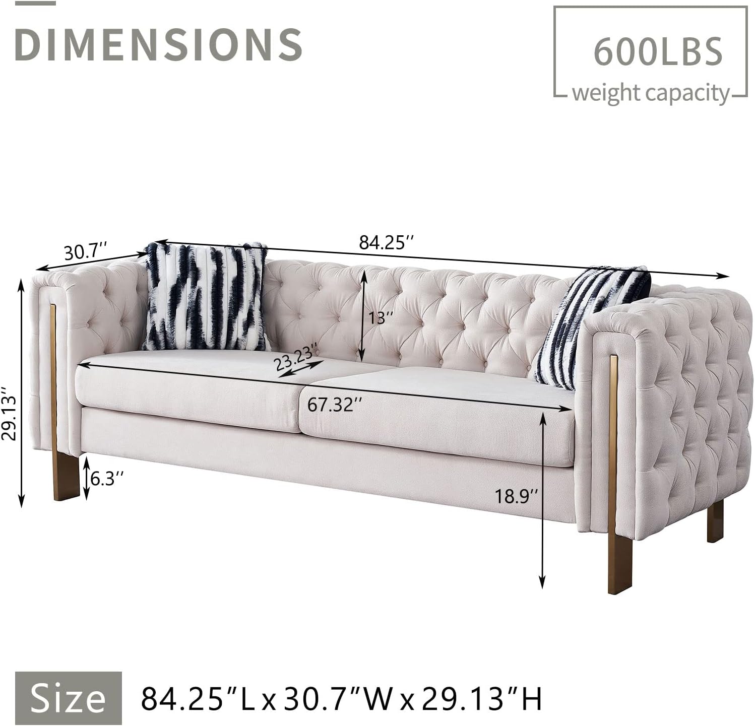 Modern Sofa Couches for Living Room, 84 Inches Tufted Button Couch Upholstered Linen Sofa with 2 Pillows and Metal Legs Decor Furniture for Bedroom, Office (Beige)