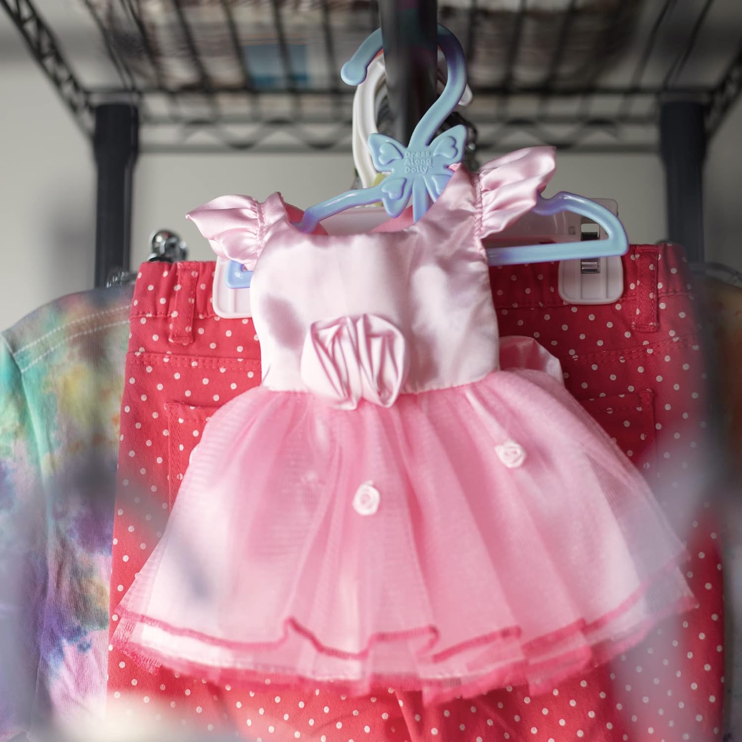 Dress Along Dolly Doll Full-Outfit Clothes Hangers for 18" Dolls - 12pk - Compatible w American Girl- Unique Design Holds Your Top & Bottom at Once Including Dresses, Pants, Shirts, Skirts- Purple