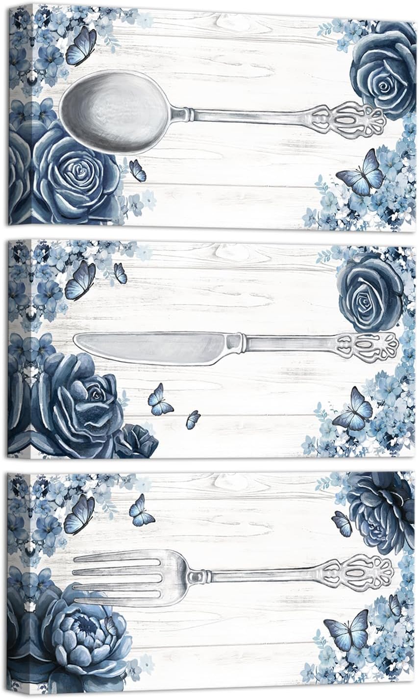 Visual Art Decor Kitchen Pictures Canvas Wall Art Prints Kitchen Floral and Spoon Painting Dining Room Wall Decor 8x16inchx3 Pieces (Blue)