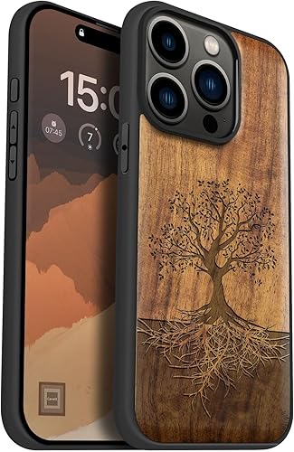 Carveit Funda magnética de madera para iPhone 15 Pro madera maciza y TPU suave negro a prueba de golpes, funda de madera única compatible con