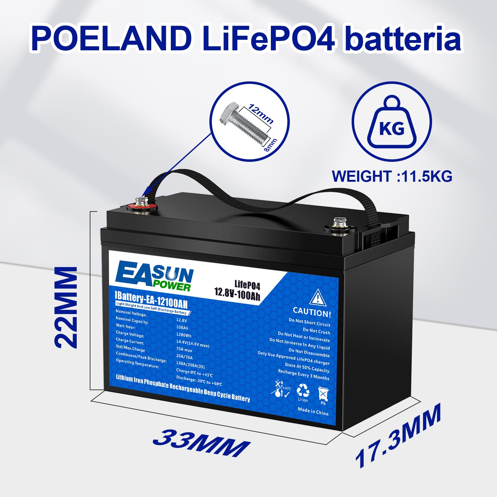 POWLAND Batteria LiFePO4 12V 100Ah con Oltre 6000 Cicli di Profondità,Batteria Litio 12V e di Protezione BMS e Schermo LED，Perfetta per Marine, Pannello Fotovoltaico, Casa (12V 100AH)