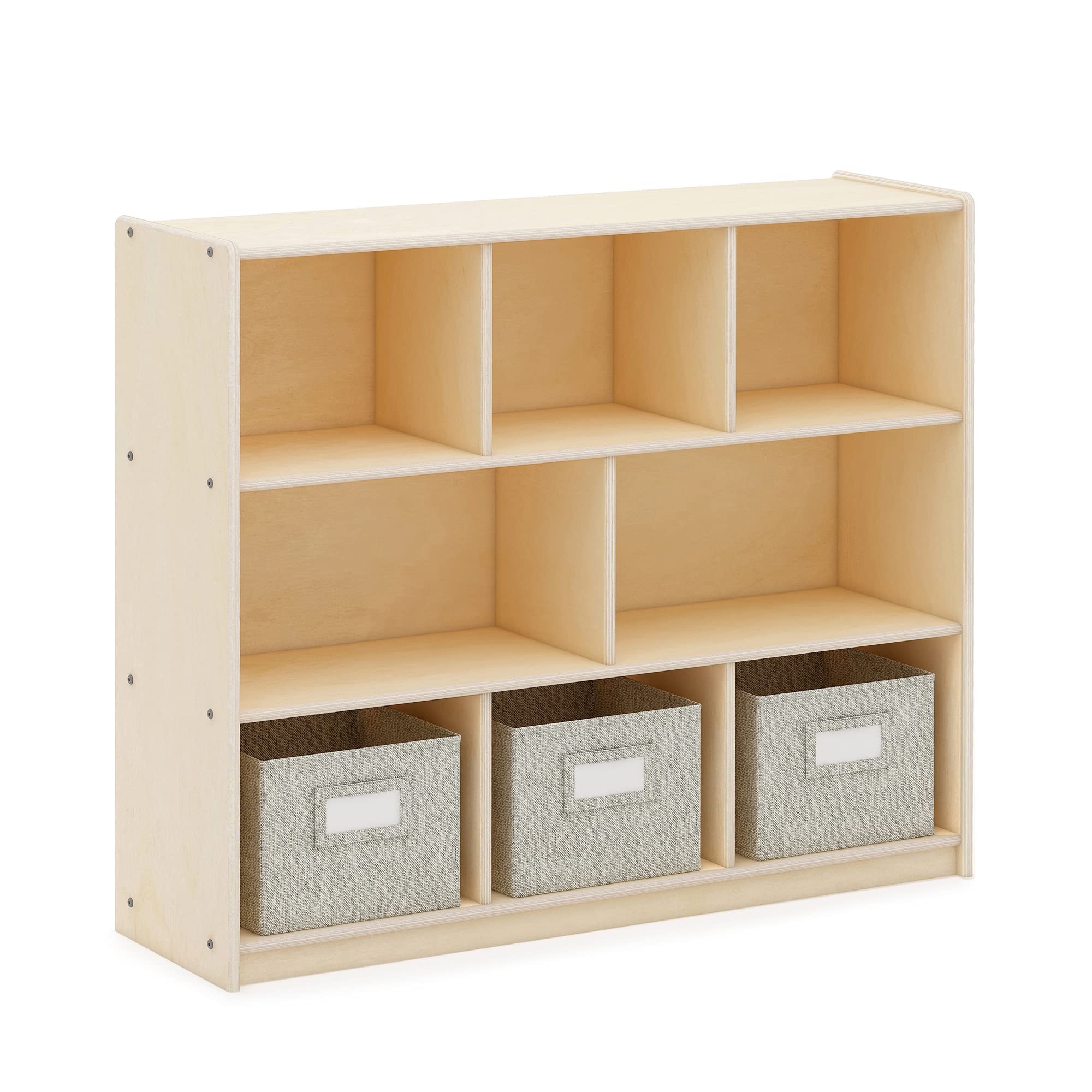 Guidecraft EdQ Three Shelf Compartment Storage Natural with 3 Fabric Bins: Wood Bookshelf and Toy Organizer for Kids, Storage Unit for Homeschool and
