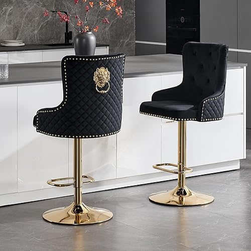 Juego de 2 taburetes de bar de terciopelo dorado, taburetes de bar modernos de altura de mostrador con respaldo capitoné y tirador de anilla de