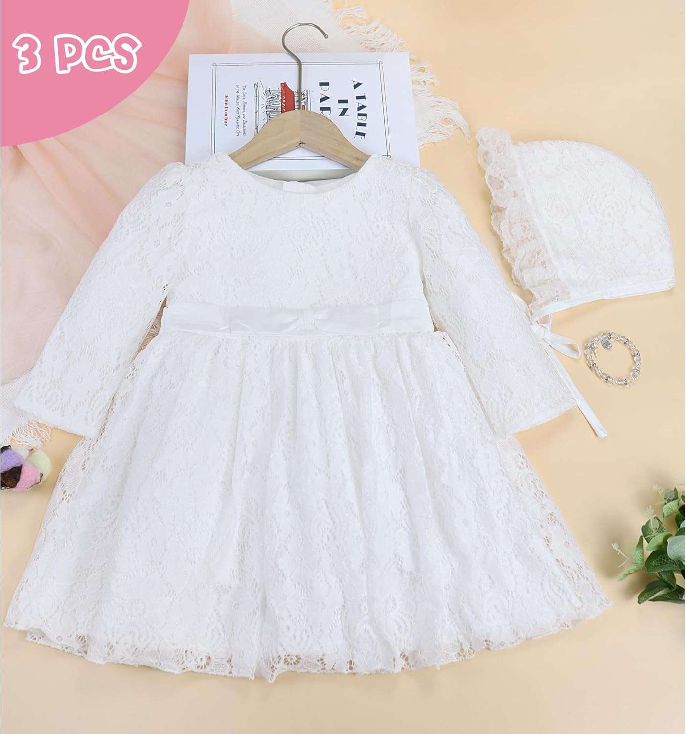 Baby Girl White Baptism Lace Long Sleeve Baptism Gown Outfit Includes Lace Christening Dresses Bonnet Cross Charm Bracelet