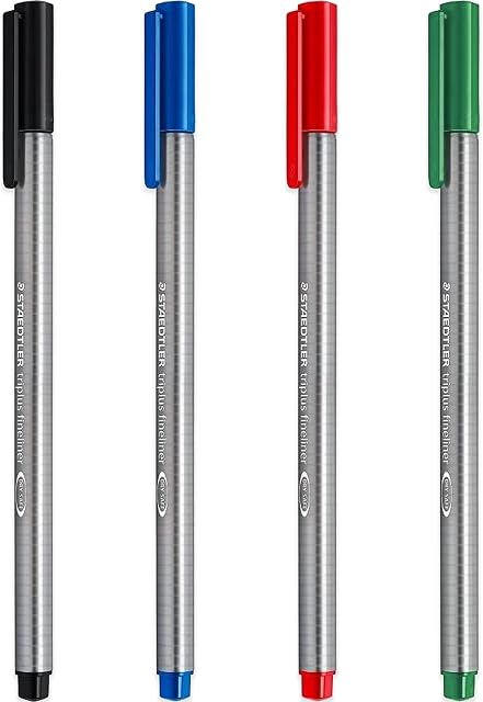 Staedtler 334 Triplus Fineliner Superfine Point Pens - 0.3mm - Black, Blue, Red & Green - Pack of 4