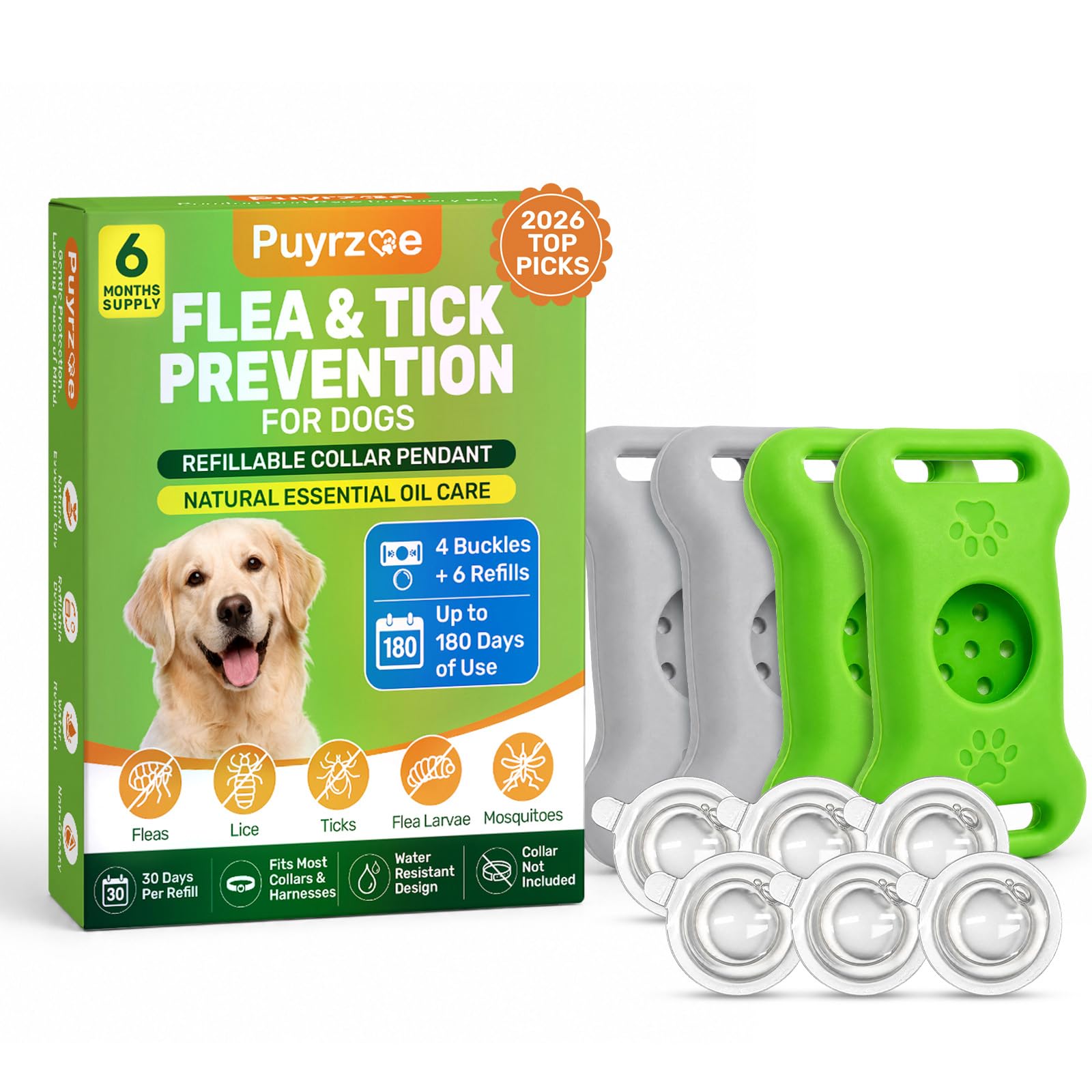 Puyrzoe Flea and Tick Collar for Dogs Pendant, 6 Refills Flea Collar Tag