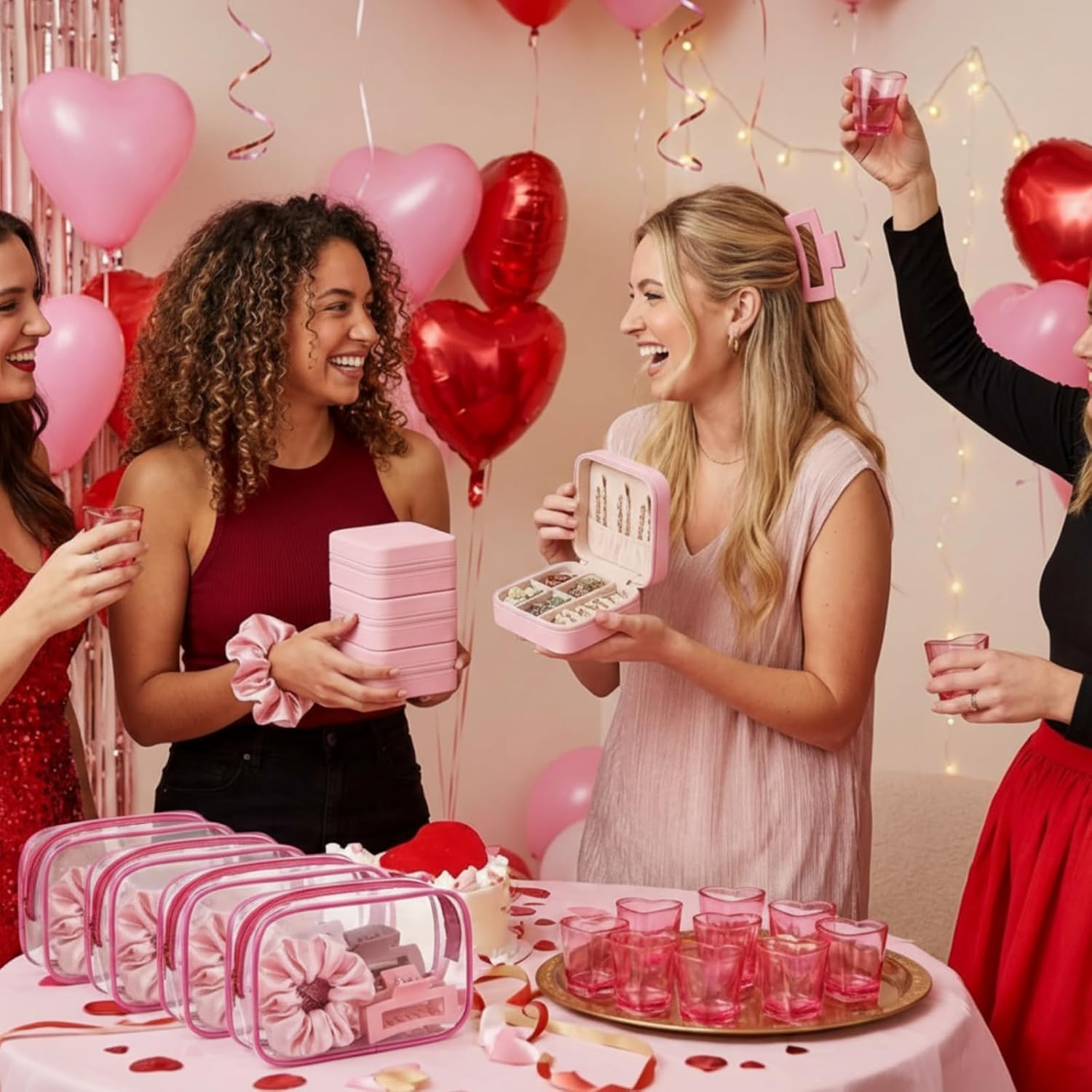 LemonRoad 30 Pcs Spa Party Favor Gift Set Bachelorette Trip Favor Sleepover Party Supplies 6 Jewelry Box, 6 Heart Shot Glasses, 6 Cosmetic Bags, 6 Scrunchies, 6 Hair Clips for Women Bestie Girls Night