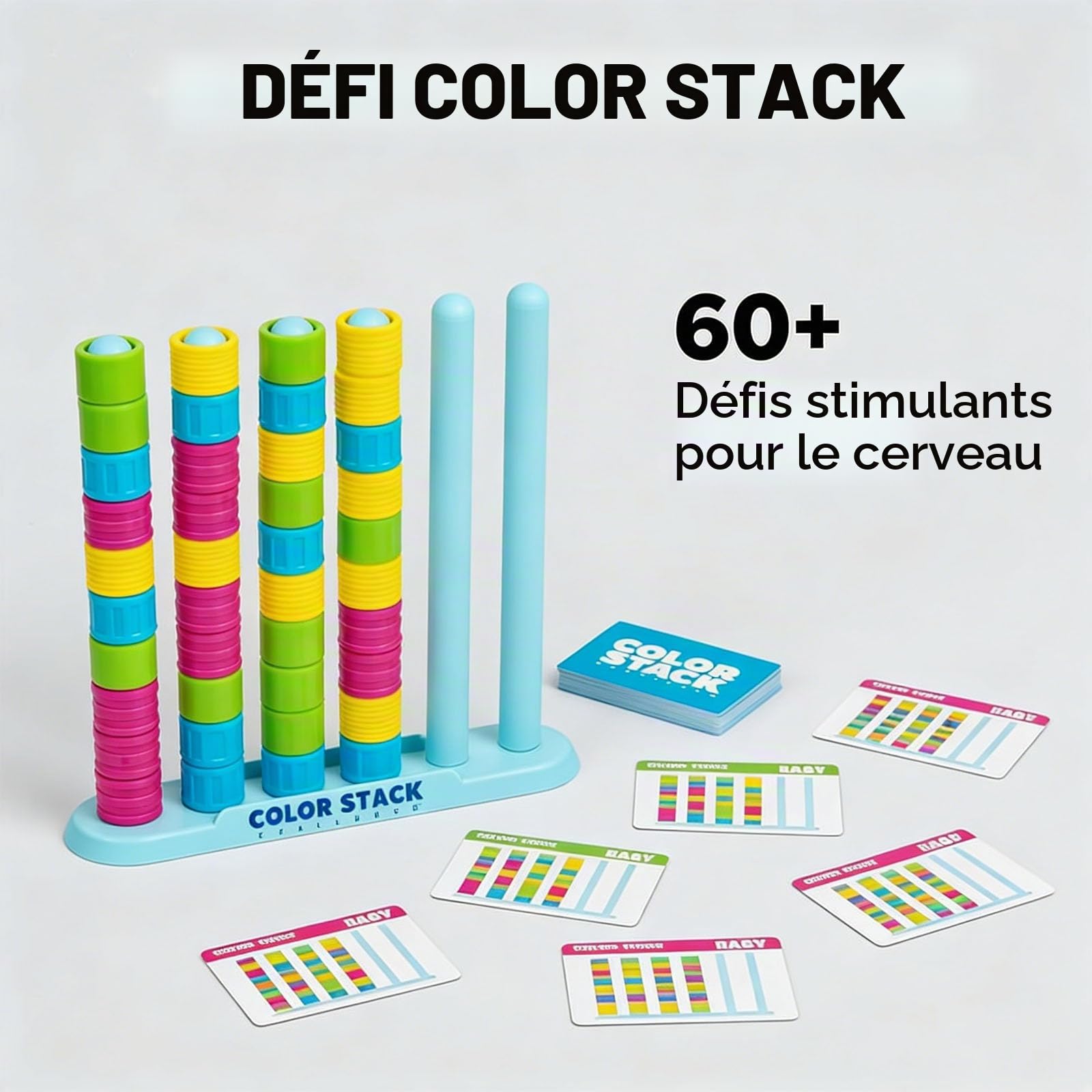 Color Stack Challenge Game, Color Matching Puzzle for 2 Players, Fast Pattern Ring Stack Board Game, Competitive Tabletop Brain Teaser for Family Night with 60+ Challenges