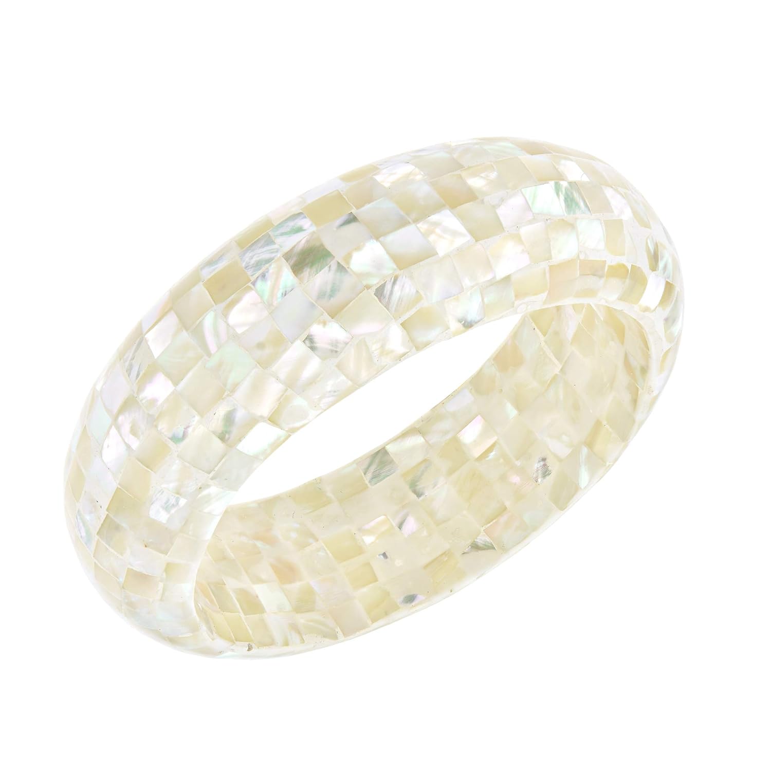 AeraVida Iridescent White Mother of Pearl Mosaic Bangle Bracelet | Handmade Shell Inlay 20mm Wide Statement Bracelet | Tropical Inspired Jewelry Gift