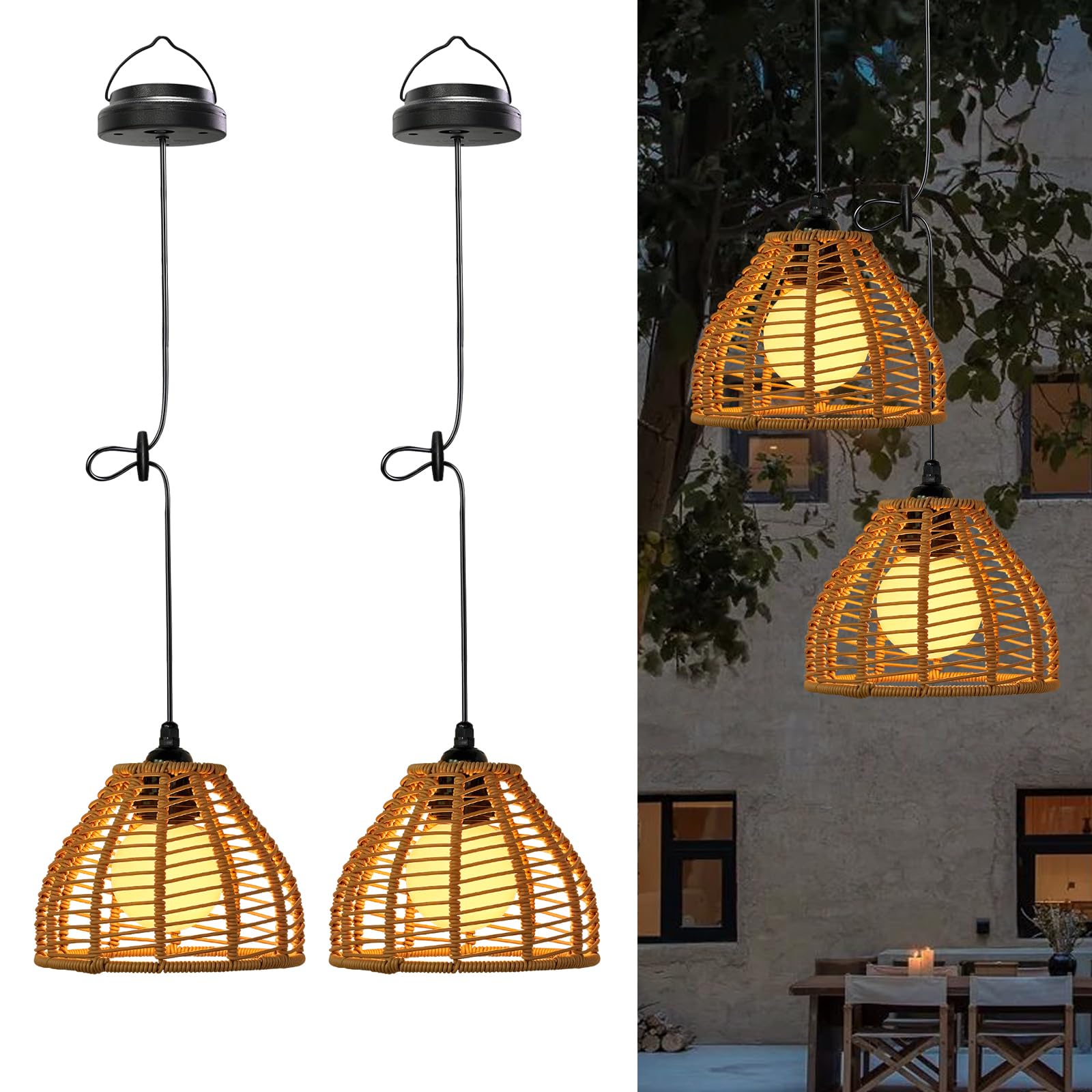 Lanterne Solaire Exterieur Jardin 2 Pièce Suspension Rotin Balcon Terrasse Camping Décoration