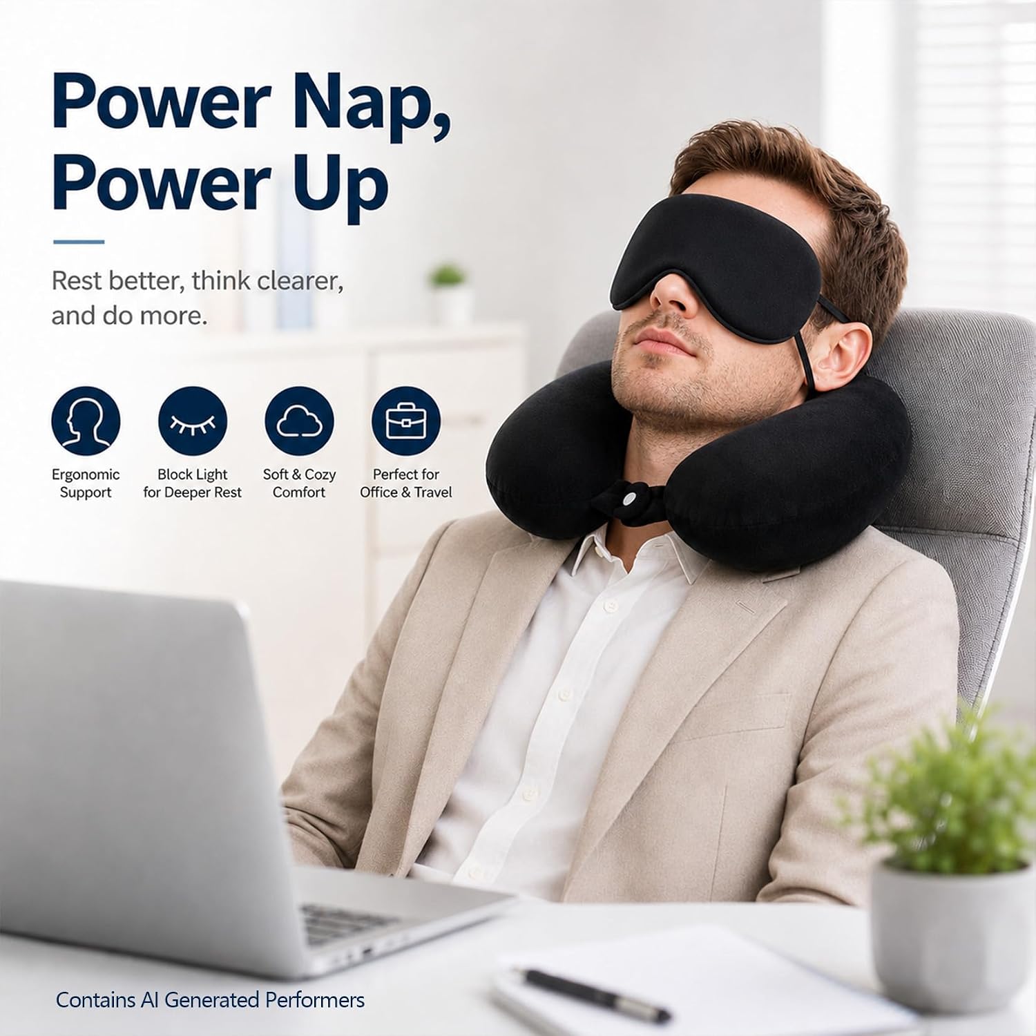 RAINFLOW Travel Neck Pillow Set - Black Memory Foam Cushion with Eye Mask