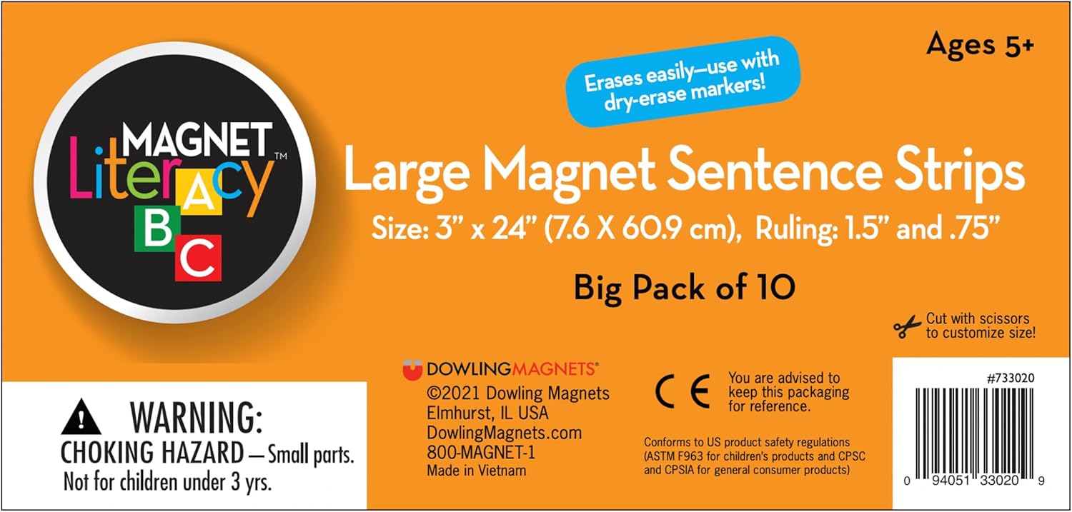 Dowling Magnets Large Magnet Sentence Strips, 24" x 3", Dry Erase White, Set of 10. Item 733020. Sentence Strips for Teachers