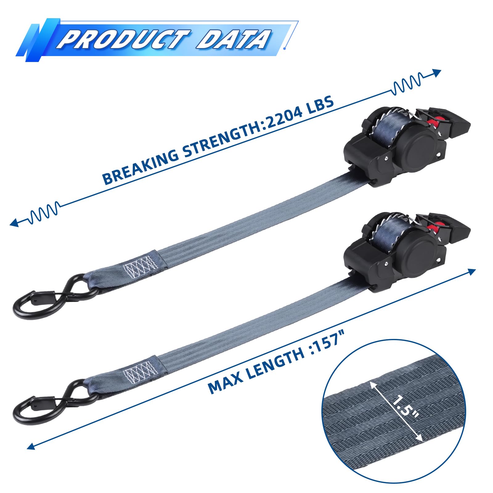 Paquete de 2 correas de trinquete retráctiles (1.5 pulgadas x 12 pies), correas de carga para maletero, motocicletas de garaje, ATV, remolques-WLL1,46.3 kg, BS: 1.0 kg (negro)