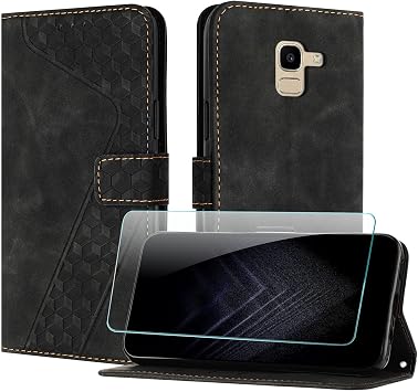 Case for Samsung Galaxy J6 2018 with Screen Protector, Flip Wallet PU for Galaxy J6 2018 cover [Card Holder] [Magnetic Closure] [Kickstand] 360 Shockproof Protective Case - Black