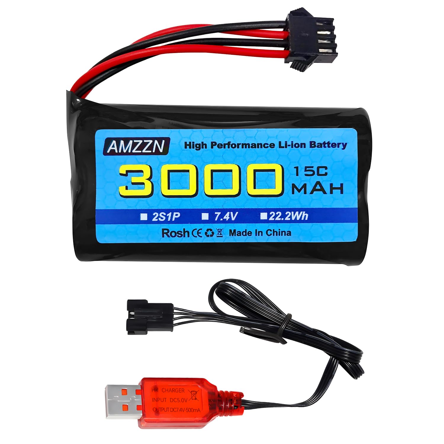 AMZZN 7.4V 3000mAh 15C 2S SM-4P Plug Li-ion Battery with USB Charger for EC08 DE85 RC Car, Truck RC Ship RC Drone Engineering Vehicle Backup Battery