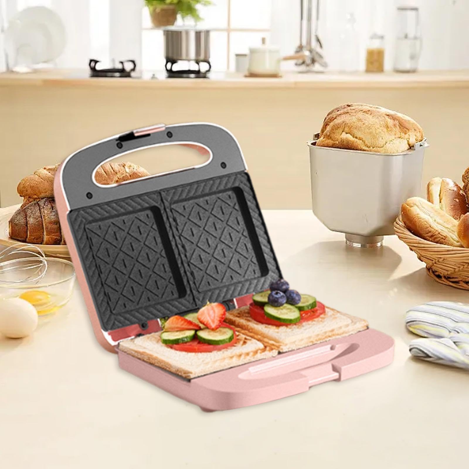Tostapane per Sandwich Macchina per La Colazione Griglia Elettrica Piastra per Panini Portatile E Compatto con Maniglia Ergonomica Adatto per Viaggi E, Rosa