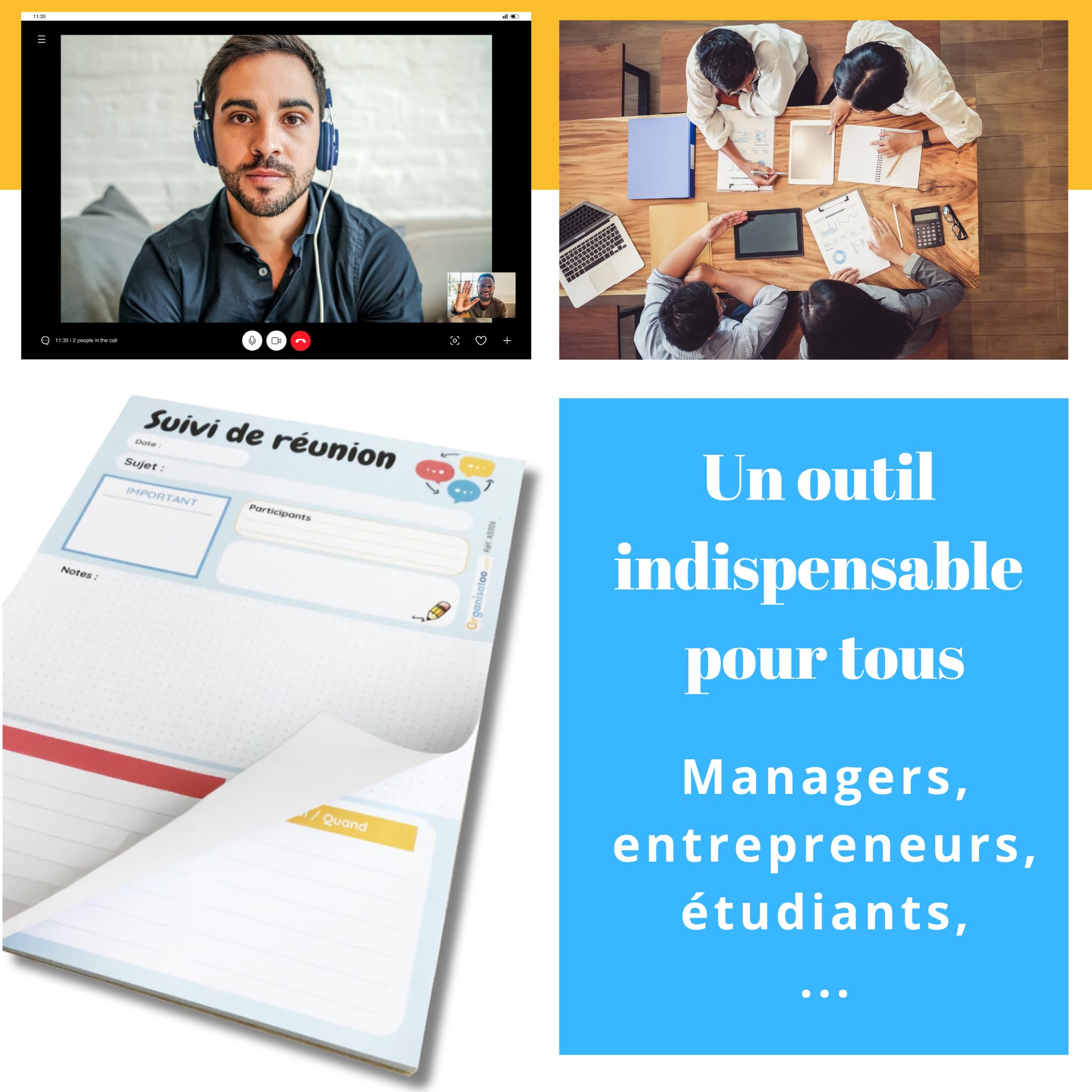 Bloc-notes suivi de réunion A5 50 pages détachables pour équipe managers entrepreneurs