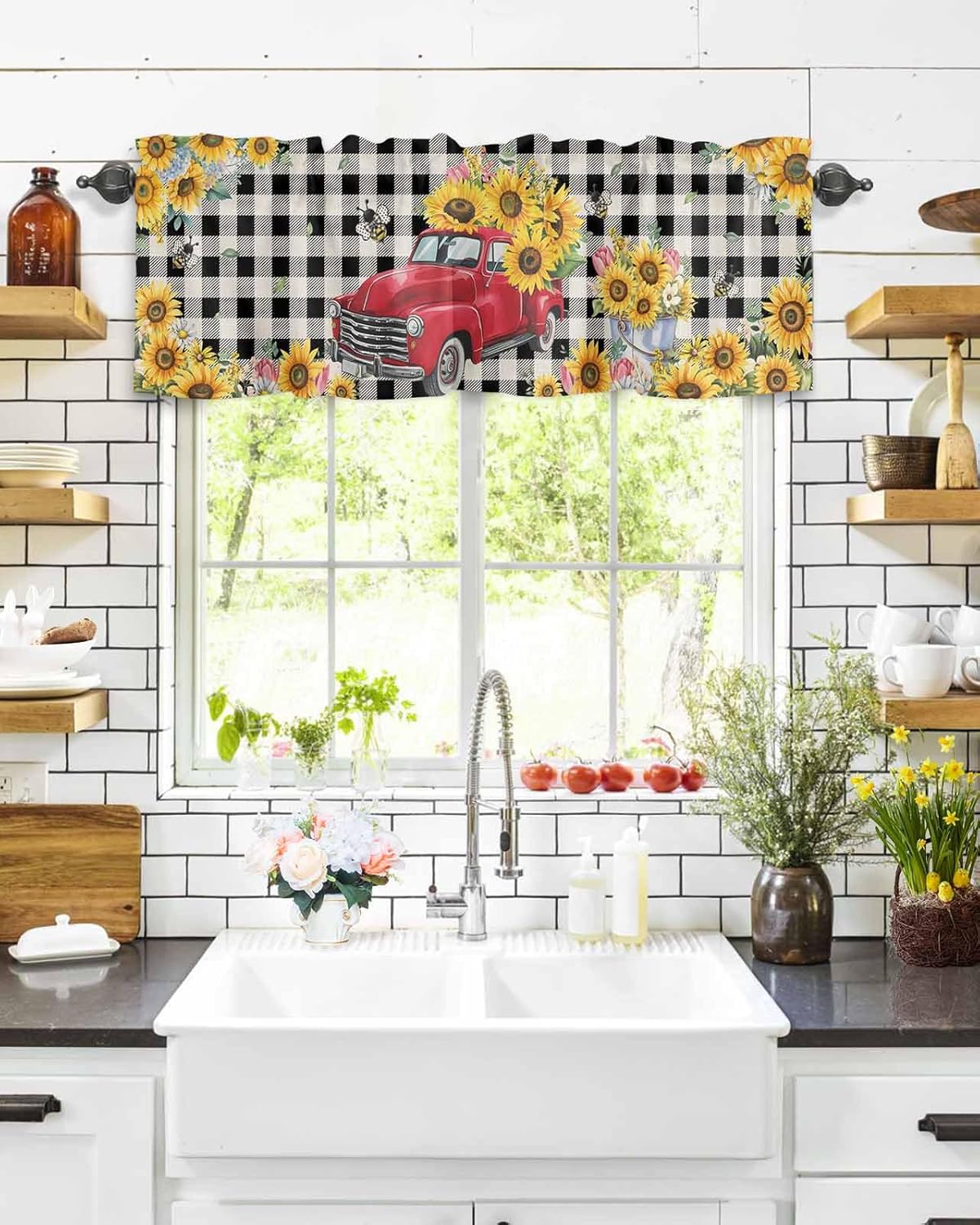T&H XHome Window Treatment Valances Red Truck with Sunflowers Vintage Rustic Black Plaid Design Rod Pocket Curtain Valance for Kitchen, Bathroom, Living Room, Bedroom 54" W x 18" L