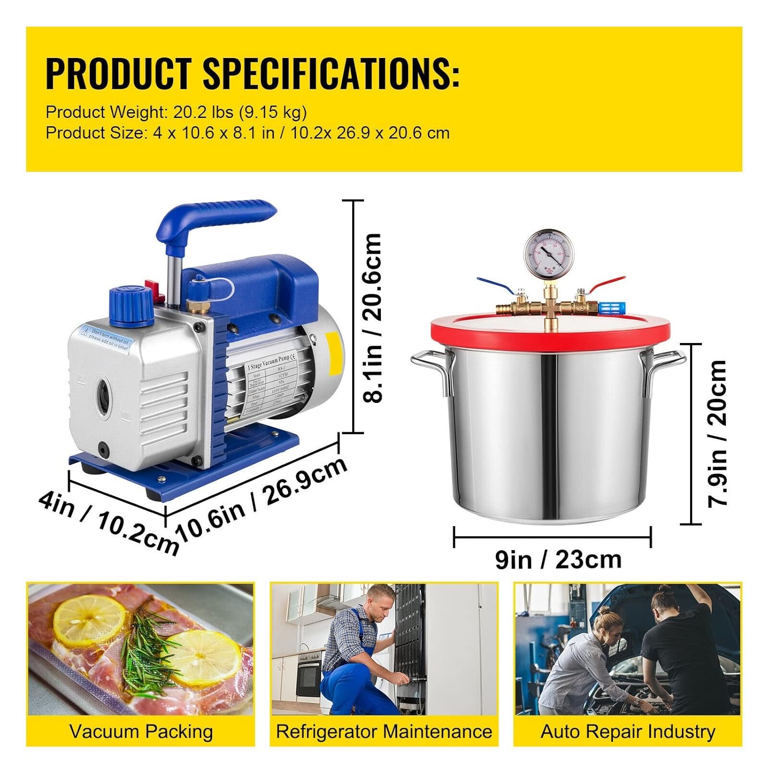 3CFM 1/4HP Vacuum Pump Refrigeration with Vacuum Chamber, for Household Vacuum Packing Air Condition Automobile Maintenance YOUSHENG (Size : 8 L (2 Gallon))