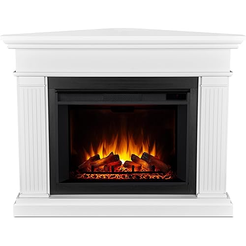 Real Flame Kennedy Grand Corner Electric Fireplace with Mantel for Living Room or Bedroom, Replaceable Fireplace Insert Heater, Realistic Log and Flame Effect, Remote Control, Timer, White