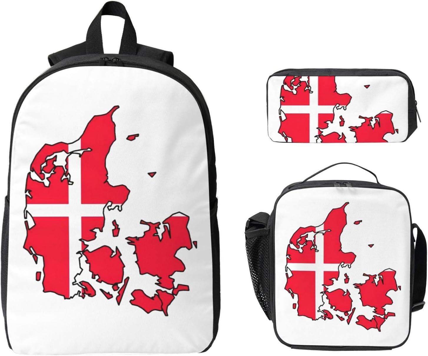 Danish Flag Map print 3 Piece Backpack Bags with Lunch Box Pencil Case Set for Travel Work Camping Unisex