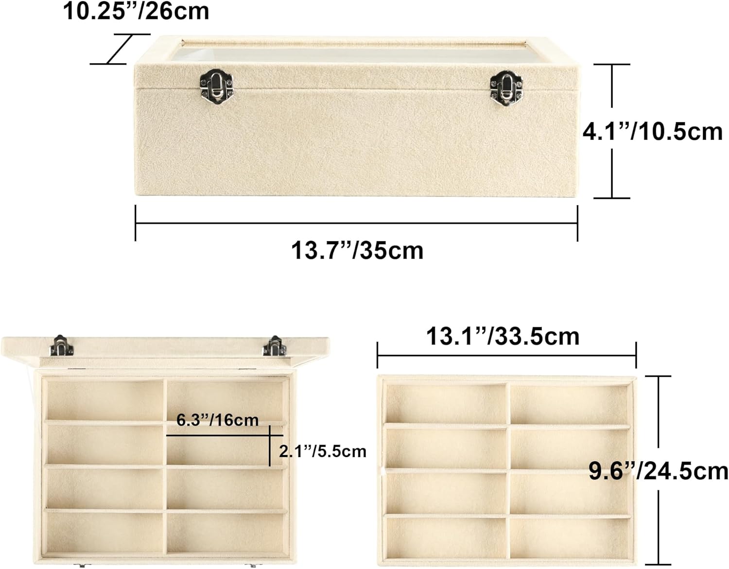 Frebeauty 16 Slots Sunglasses Organizer,2 Layer Velvet Sunglasses Tray with Glass Lid,Multiple Pairs Sunglass Display Case for Man or Woman,13.7 * 10.25 * 4.1 Inches Eyeglass/Eyewear Box (Beige)