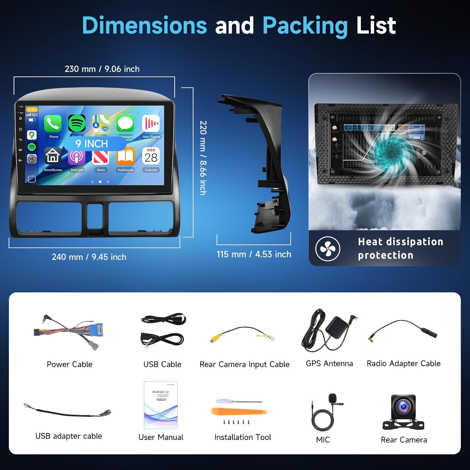 Qualcomm 8 Core [4G+64G] Car Stereo for Honda CRV 2002-2006 with CarPlay Android Auto, Hodozzy 9 inch Touchscreen with GPS, Bluetooth, WiFi, DSP, FM/RDS Radio+Backup Camera