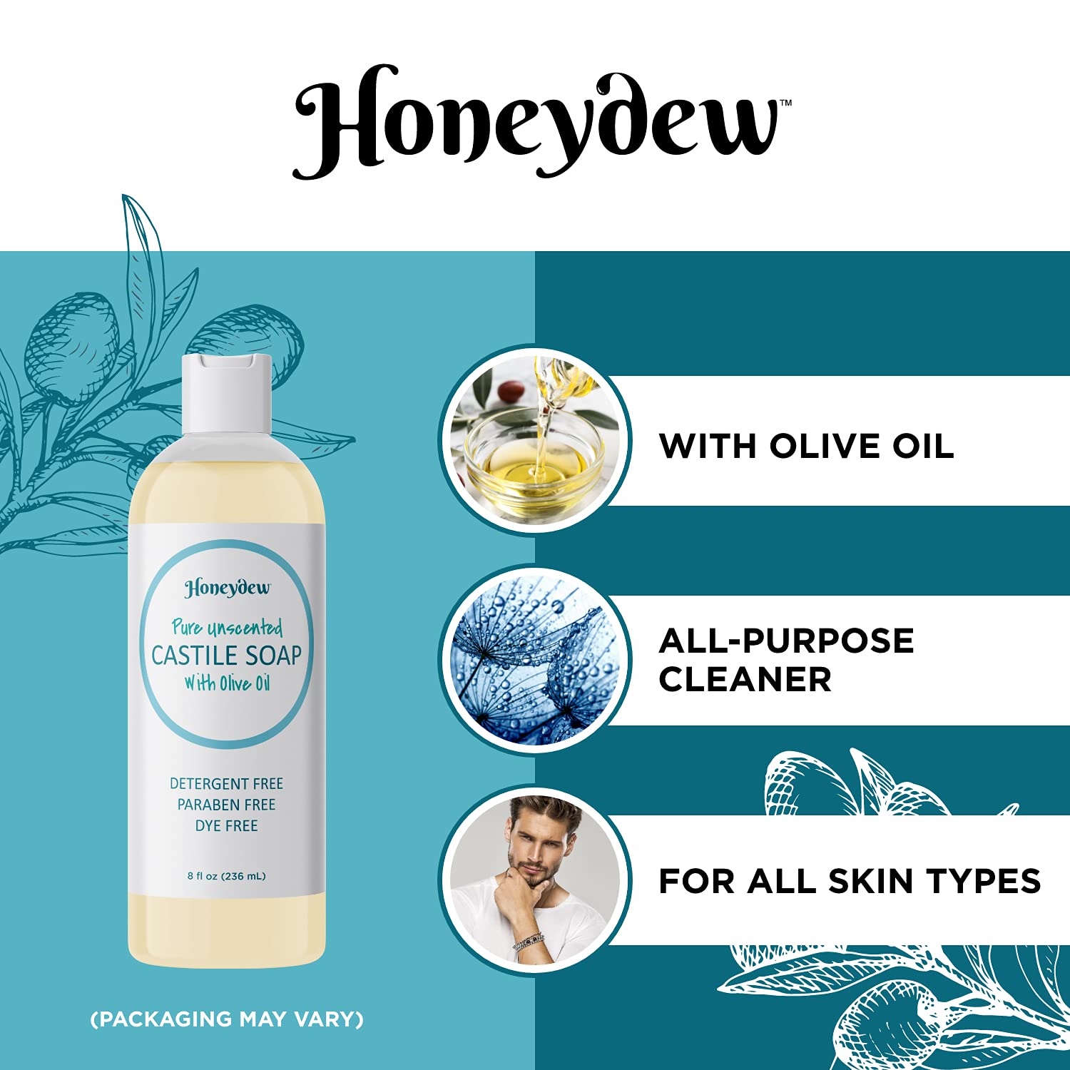 Castile Soap Liquid Unscented Cleanser - Liquid Castile Soap for Dry Sensitive Skin Care Routine and All Purpose Cleaner with Hydrating Glycerin for Hair and Skin - Hair Face and Body Soap Liquid