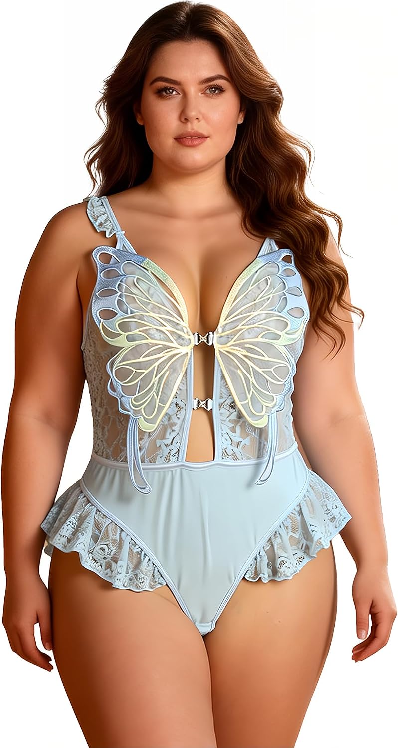 ohyeahlady Womens Lingerie Sky Blue Sexy One Piece Bodysuit Lace V Neck Cute Teddy Hollow Out Lingerie For Women Nightgown