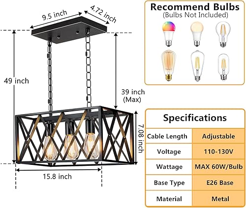 Miniatura 4 de Pynsseu - Iluminación colgante para isla de cocina industrial, rectangular, estilo vintage rústico, lámpara colgante de 3 luces, para cocinas de