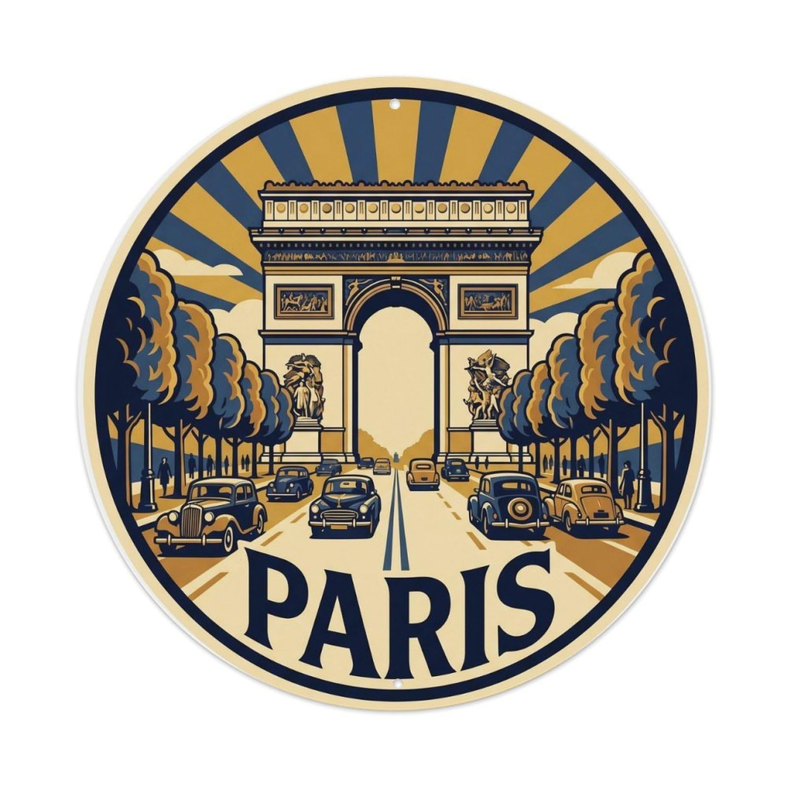Vintage Travel Parisian Arc Triomphe 2 Metal Tin Sign Plaque Wall Decor for Cafe, Club Bar, Office, Home Garden Round Metal Poster 8x8Inch