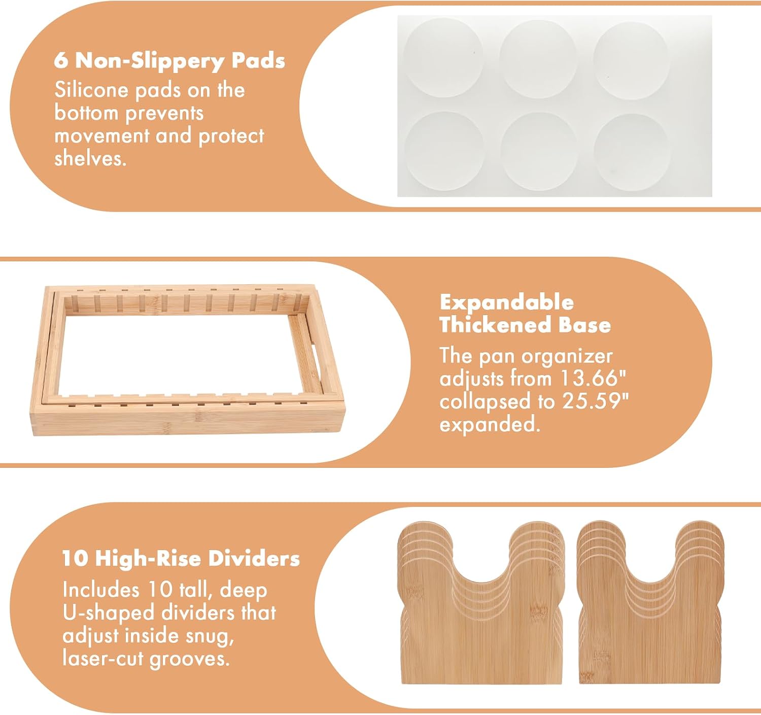 MEKER Pot Lid Holders, Cabinet Organizer for Food Contanier Lid, Bamboo Expandable Bakeware for Under Cabinet, Adjustable Dividers, Pot Lids Holder Rack, Cookie Sheet Baking Pan, Tray Organizer, 10PCS