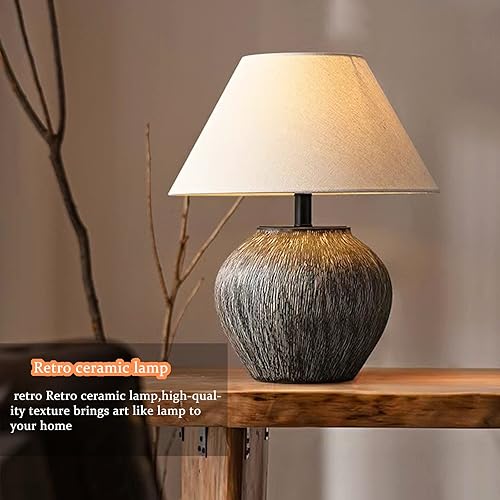 Miniatura 3 de PURESILKS Lámpara de mesa de granja de 19 pulgadas, lámpara de mesa de cerámica con rayas blancas, cerámica áspera hecha a mano con sombra oscura,