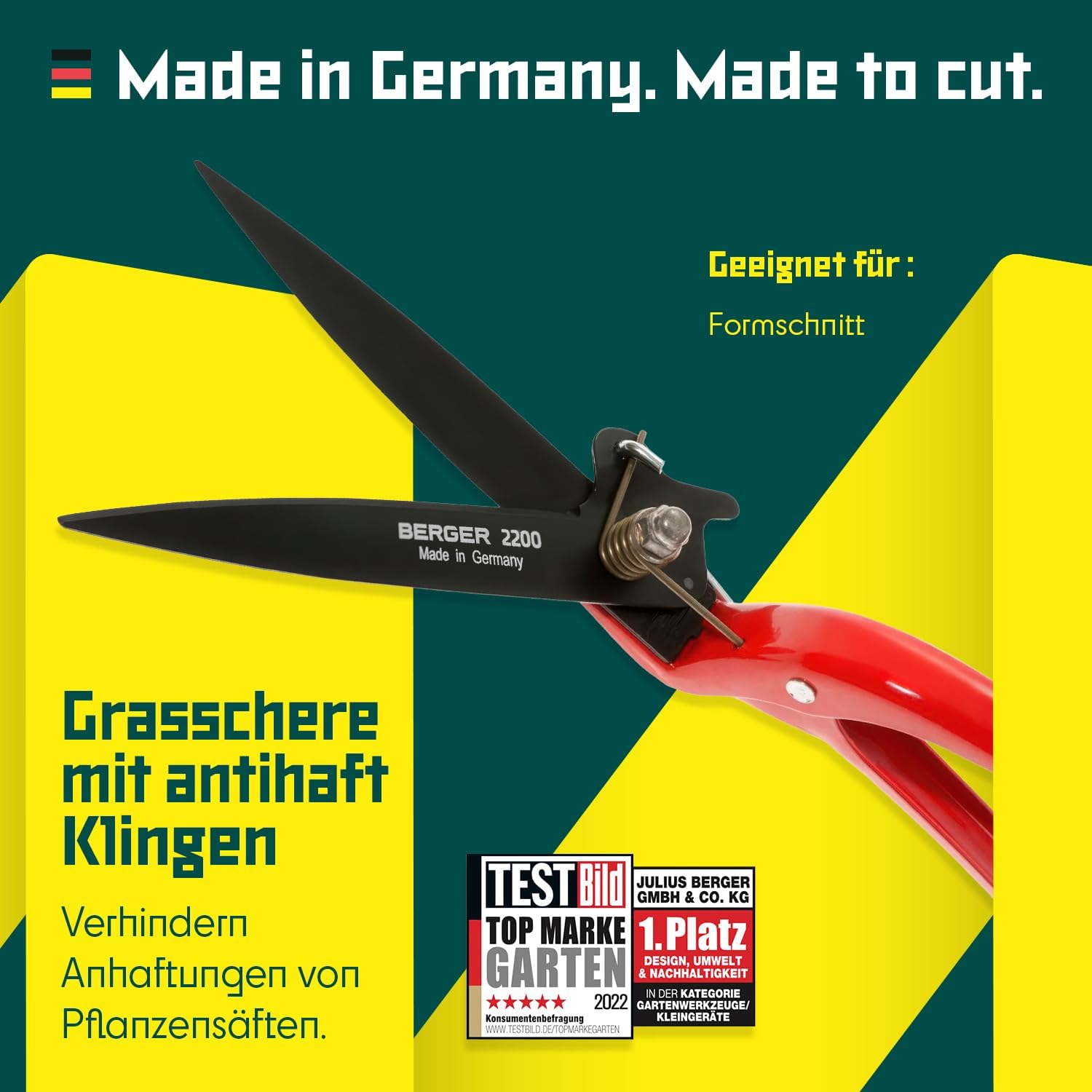 BERGER Grass Shears – Lawn Edging Clippers with Self-Sharpening Anti-Stick Blades, Forged Steel Construction, Ambidextrous Design, Ring Clasp for Hanging Storage – 2200