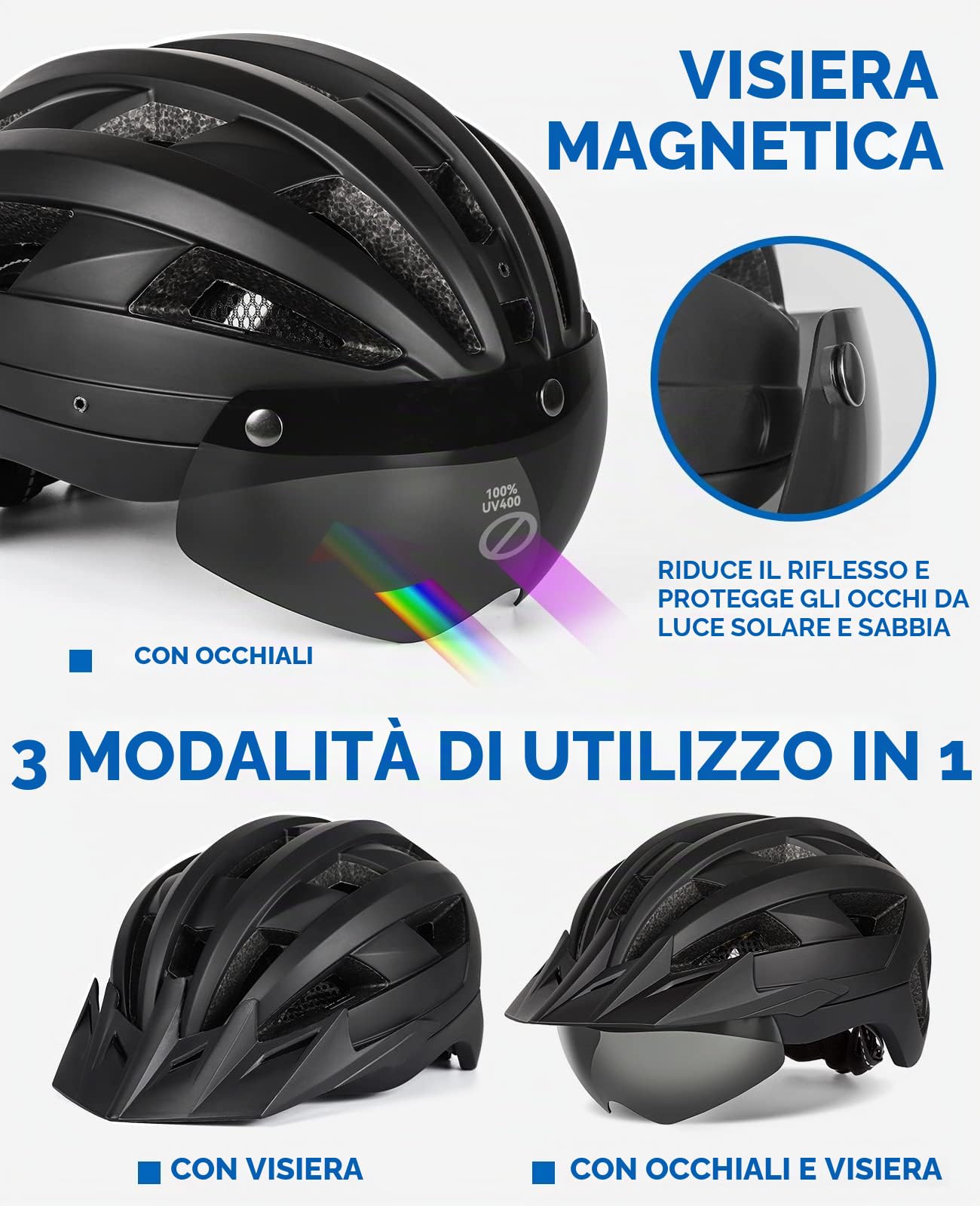 Casco da bici per adulti con visiera e occhiali, per uomo e donna, casco da bicicletta ricaricabile con luce posteriore (L: 57-61 cm, nero)