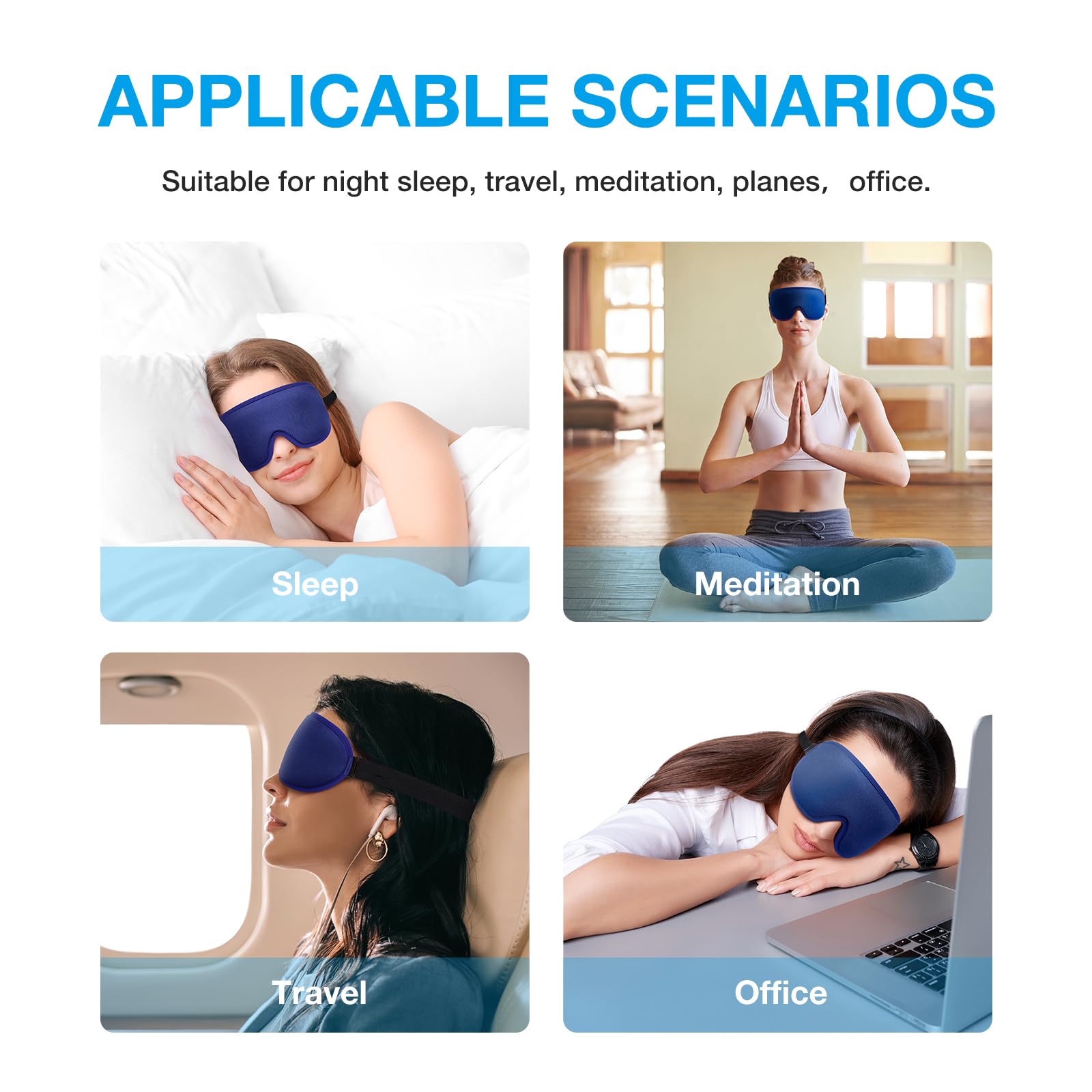 LYSIAN Cooling Sense - Antifaz 3D para dormir para mujeres y hombres, máscara de ojos con diseño contorneado con 5 pares de tapones para los oídos, bloquea la luz para un sueño profundo, color azul | Máscara opaca sin presión sobre los ojos, ajustable y c
