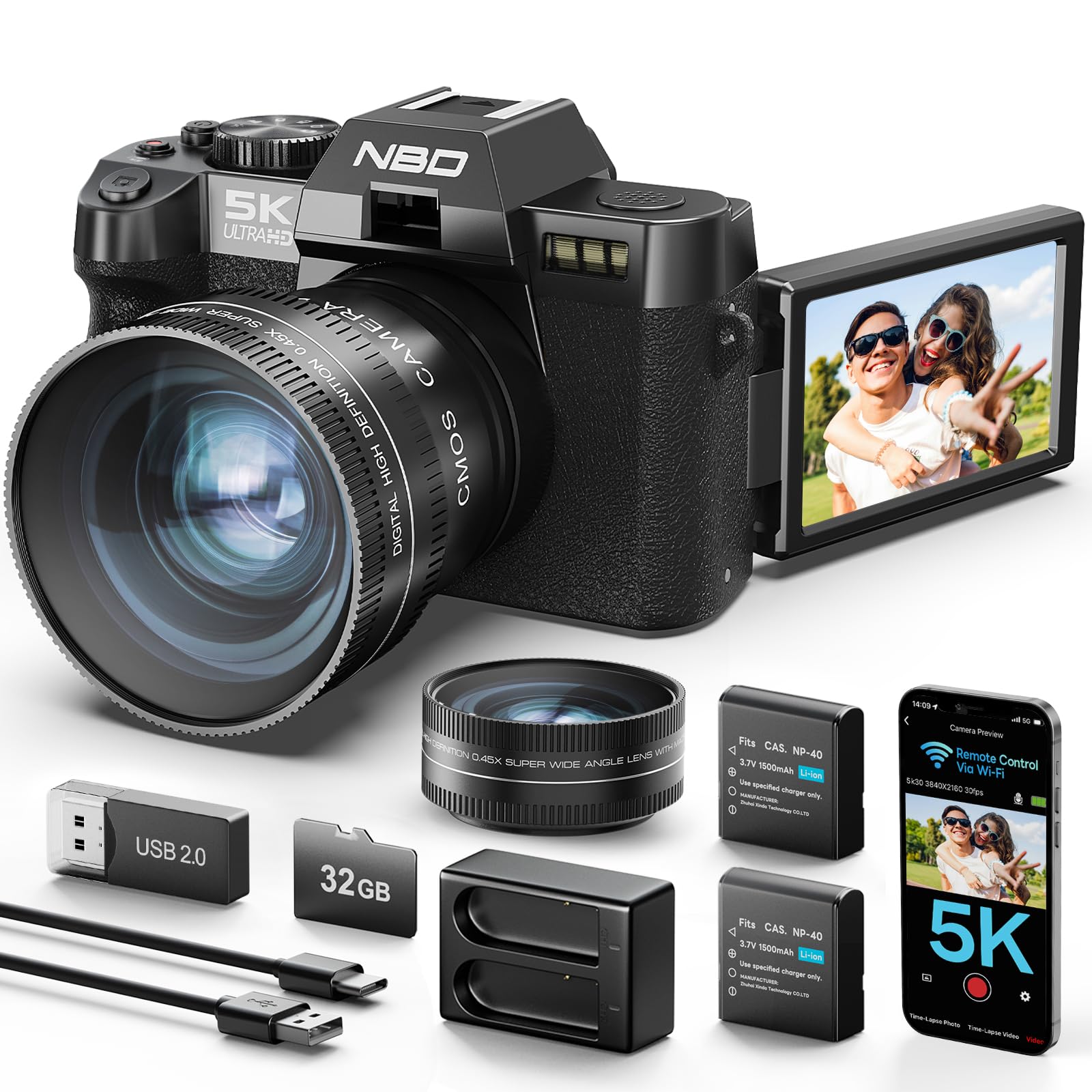 NBD 5K Digitalkamera 64MP, Autofokus, 16X Digitalzoom, Schwarz | 3 Zoll 180° Klappdisplay, WLAN, Weitwinkel/Makro, 2 Akkus, 64GB Karte, Vlogging, Reisen, Anfänger