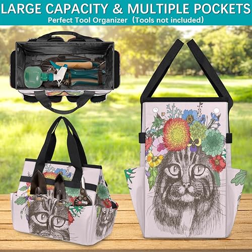 Miniatura 4 de Cat Floral Wreath Garden Tool Tote Bag for Women Men Gardening Tool Storage Bags with 10 Pockets Standable Garden Home Tool Kits Organizer for