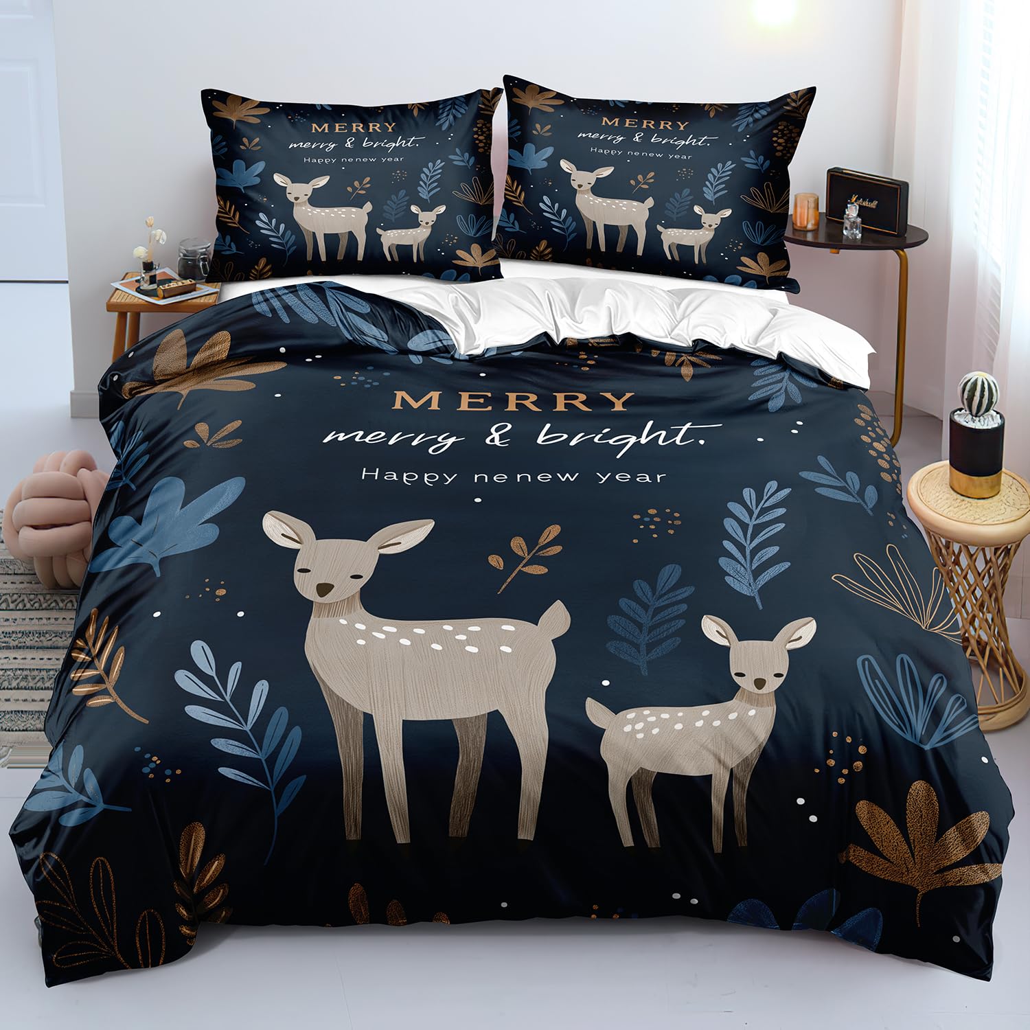 Parure de lit de Noël 260x240 housse de couette bonne année motifs cerfs