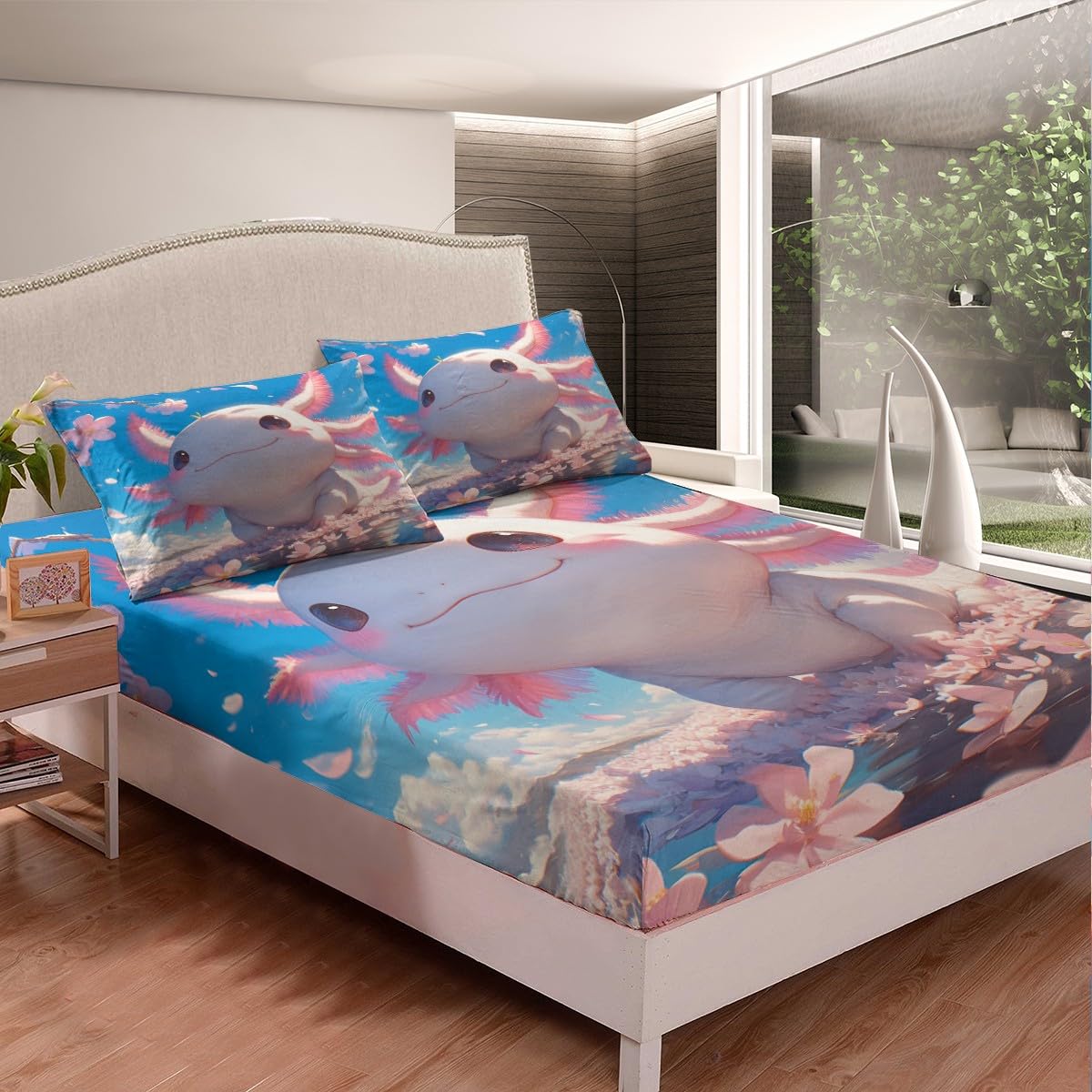 Kawaii Axolotl Fitted Sheet Double Size 3 Pcs,Cartoon Salamander Marine Life Collections(No Flat Sheet),Pink Cherry Blossom Romantic Flower Petals Bedding Deep Pocket for Kids - Image 2