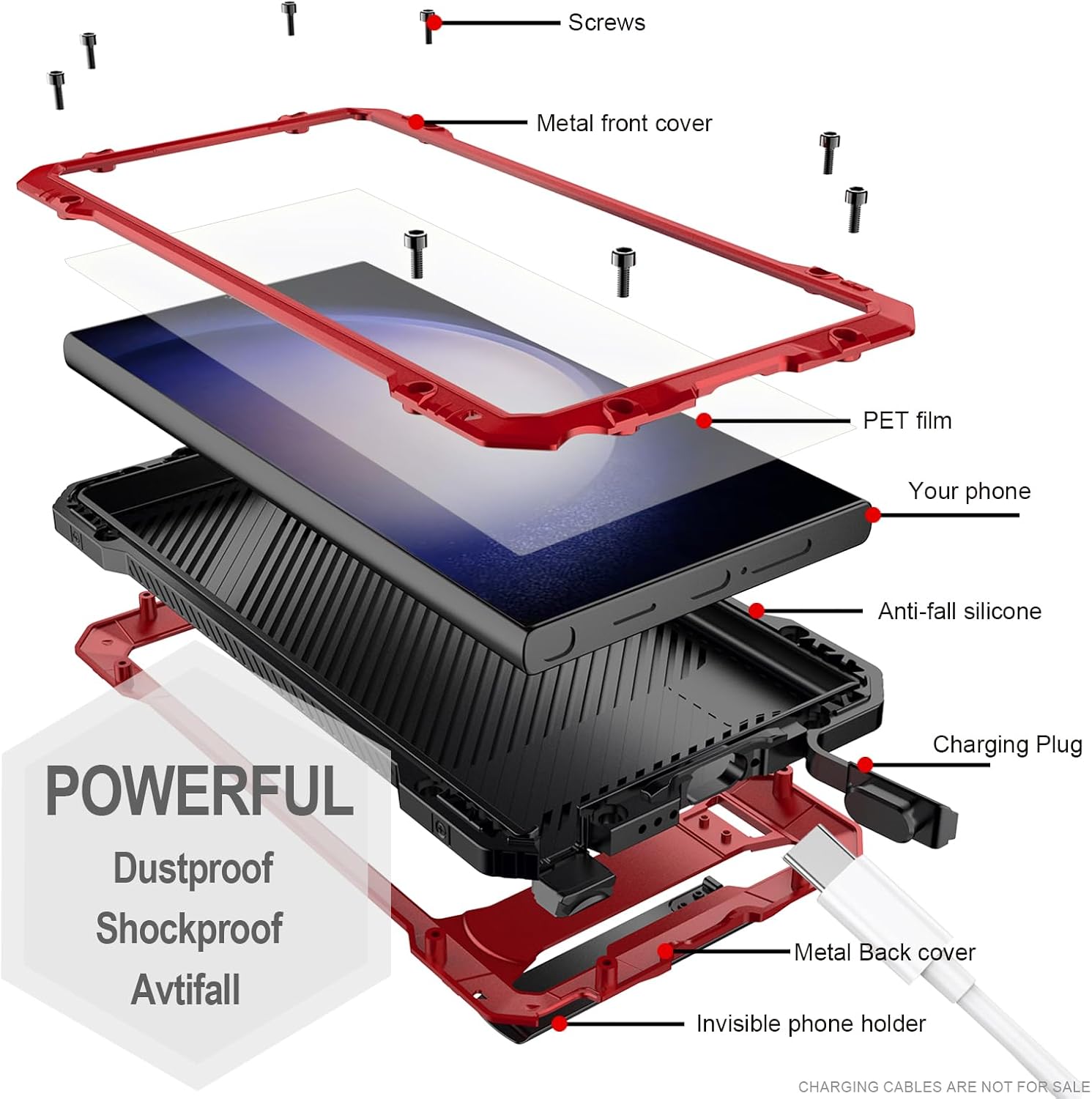 for Samsung Galaxy S24 Ultra Metal Case with Stand Screen Protector Durable Bumper Military Grade Shockproof Heavy Duty Rugged Full Body Kickstand Cover Fingerprint Compatible - Red