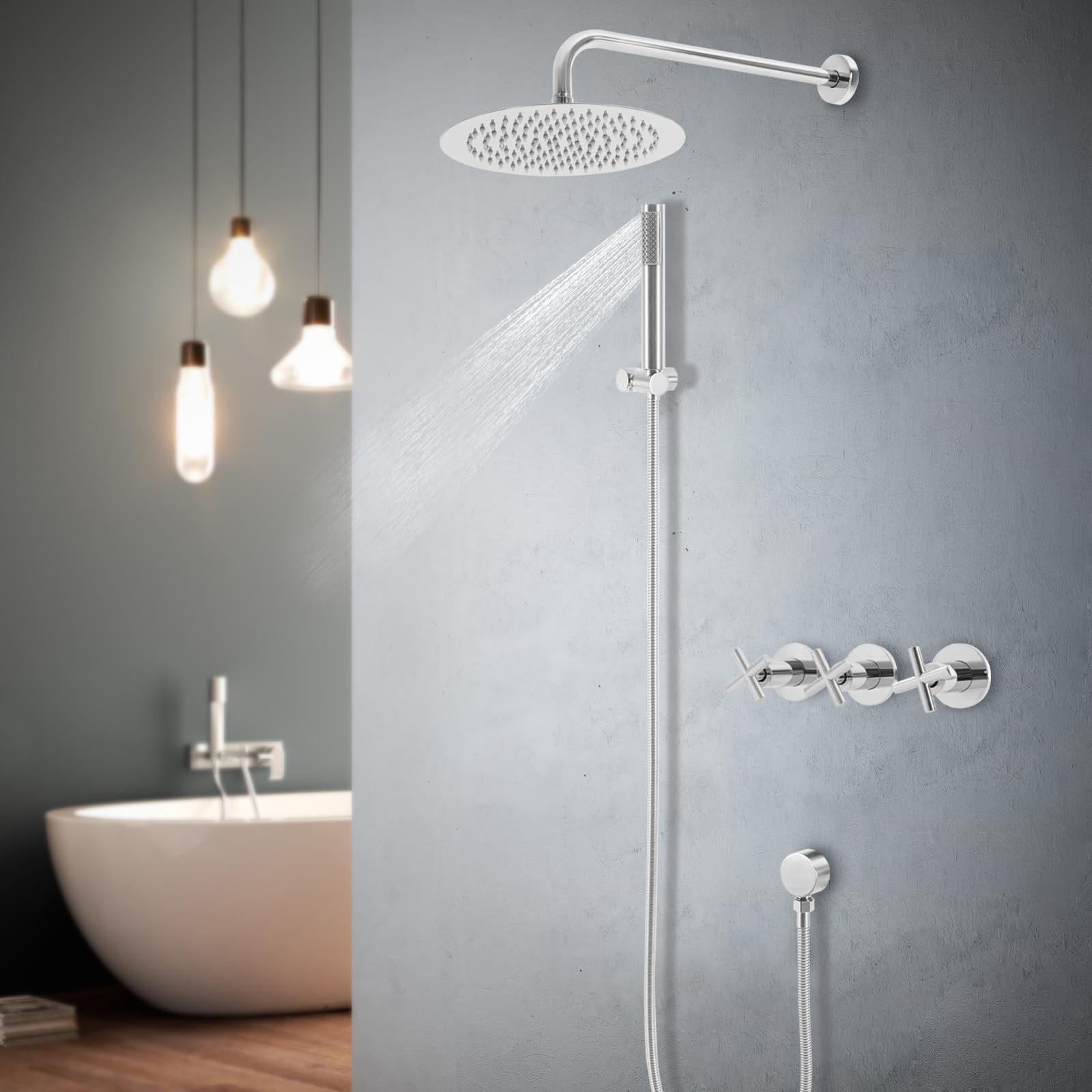 Dispositivo de ducha montado en la pared NPT de 1/2 pulgadas, interfaz estándar, ducha de mano montada en la pared (ángulo ajustable de 45°) con soporte para alcachofa de ducha de pared y asas de 3