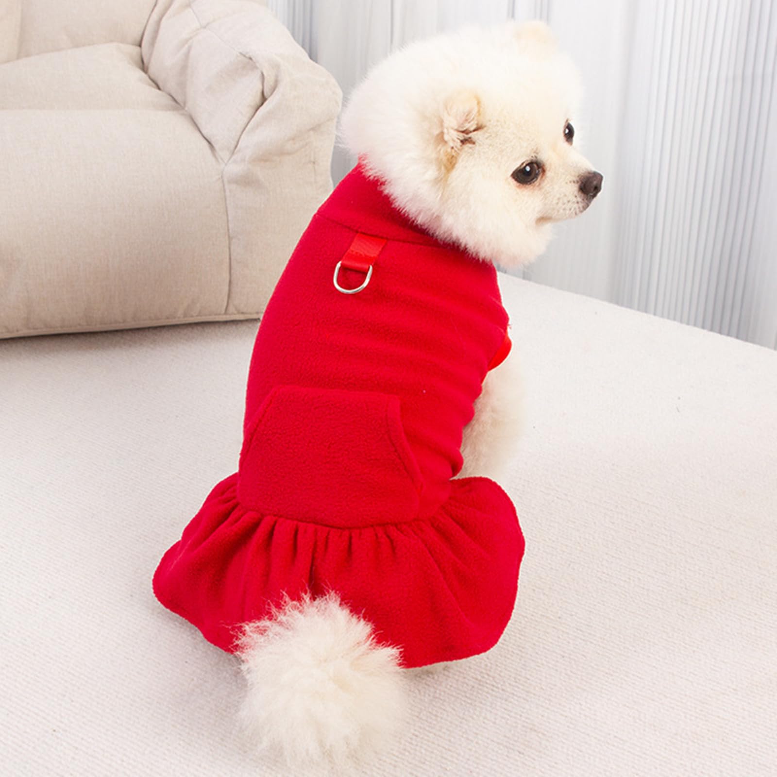 MeiAOBest Pet Dress with D-Ring,Small Dog Fleece Winter Warm Clothing Puppy Sleeveless Sweaters Princess Skirt for Cats Small Dogs_S(Red) - Image 3