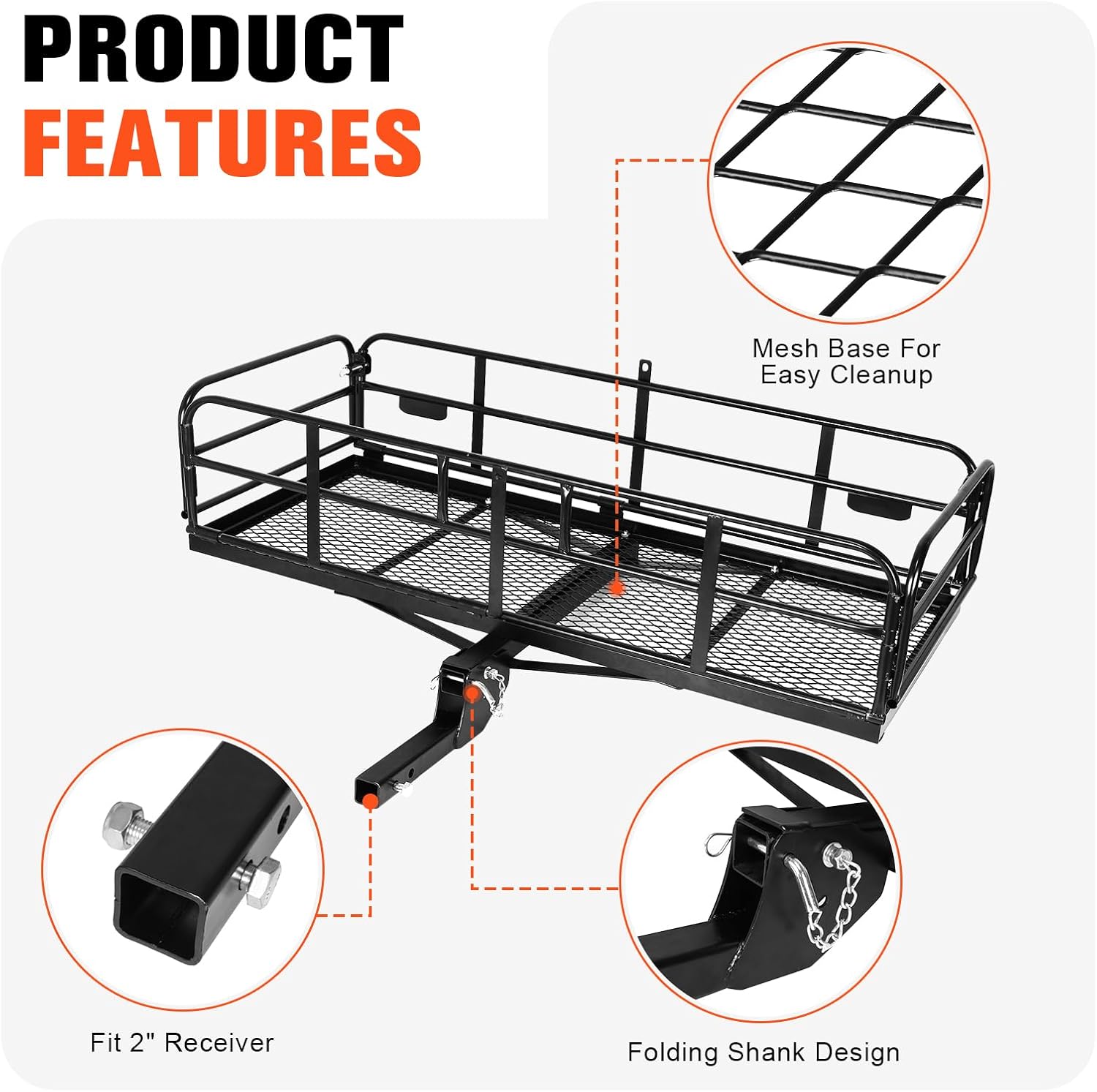 Trailer Hitch Cargo Carrier with Hitch Stabilizer Vehicle Cargo Carriers 500 LBS Capacity 60x24x14in Ebike Rack Fits 2inch Receiver Folding Luggage Rack for RV Truck SUV Van