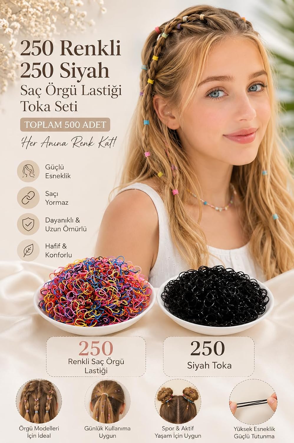 250 Adet Renkli Saç Örgü Lastiği 250 Siyah Toka Seti, Lastik Toka Seti, Toka Organizer, Toka, Kız Çocuk Toka