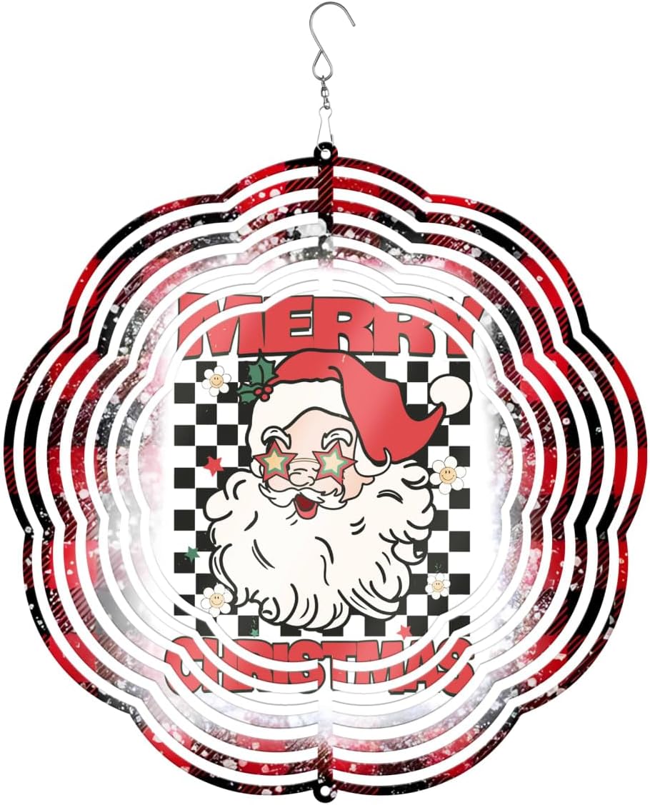 Santa Claus Checkered Christmas Wind Spinners 3D Stainless Steel Laser Cut Metal Double Sided Printing-Hanging Indoor/Outdoor Decorations Yard Gardening Decor,Metal Kinetic Art 16x16 inches