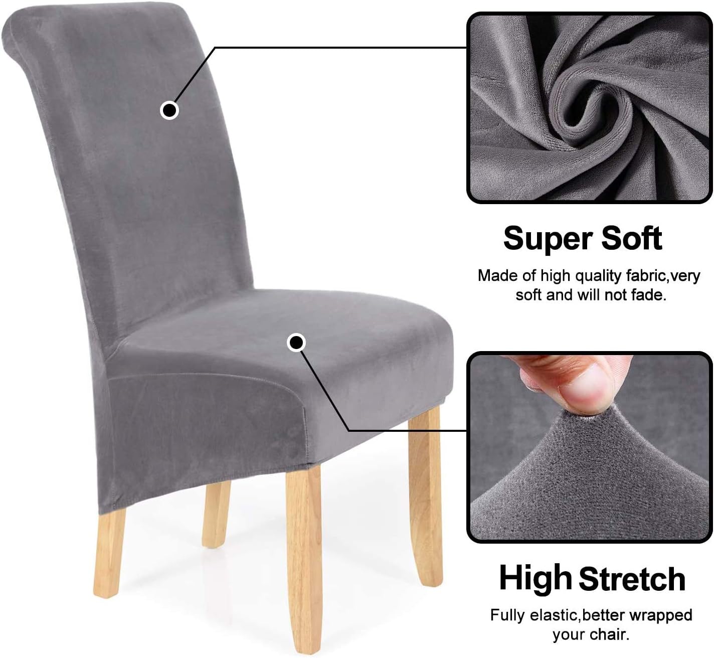 smiry Stretch Velvet Dining Chair Covers, Removable Washable Large Soft Dining Chair Slipcovers for Kitchen Home Restaurant (Set of 4, Silver Grey)