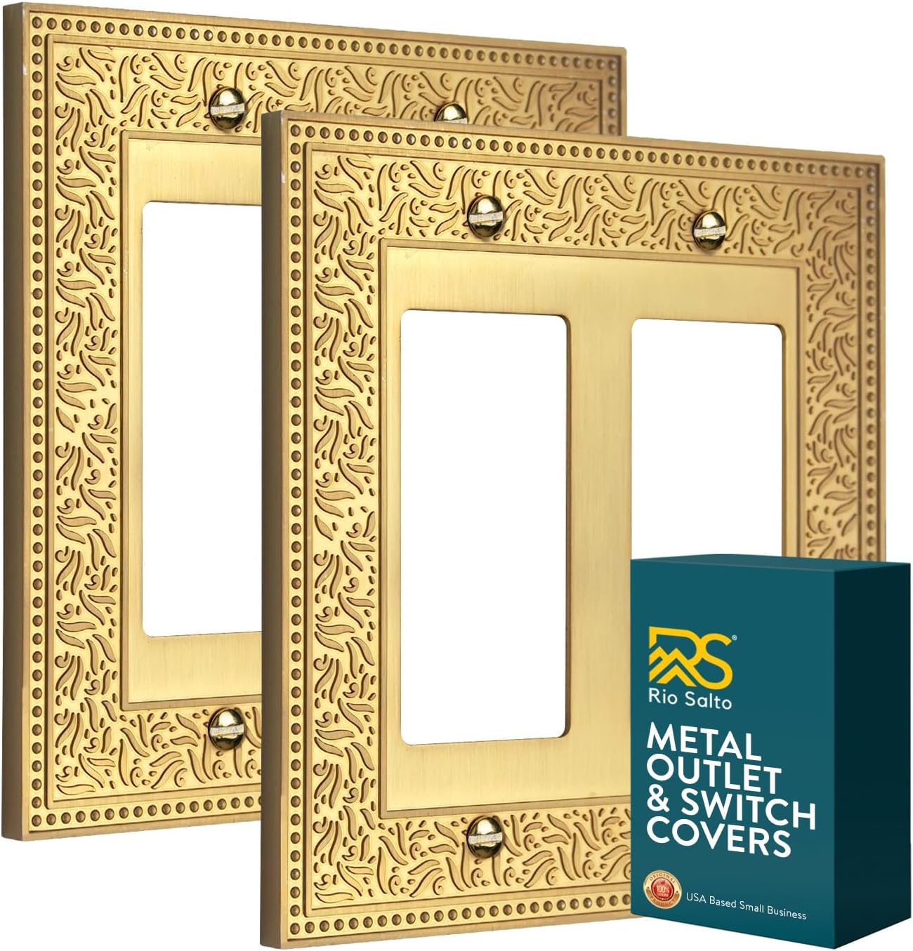 Rio Salto Laurel Collection Brushed Brass Gold Decorative Double Rocker Light Switch Plate and Outlet Cover 2 Pack – 2 Gang 5" x 5" Botanical Metal Design Midsize Premium Heavy-Gauge Wall Plates