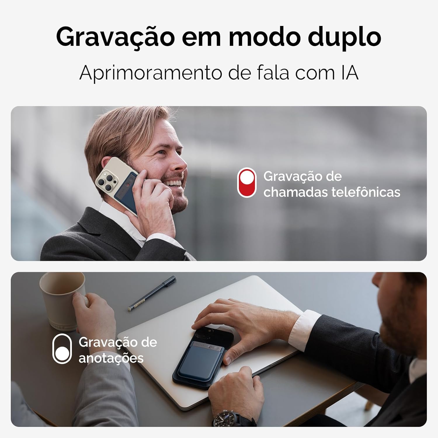 PLAUD NOTE placeret på et bord ved siden af en bærbar computer, der illustrerer dens brug til optagelse af personlige møder.