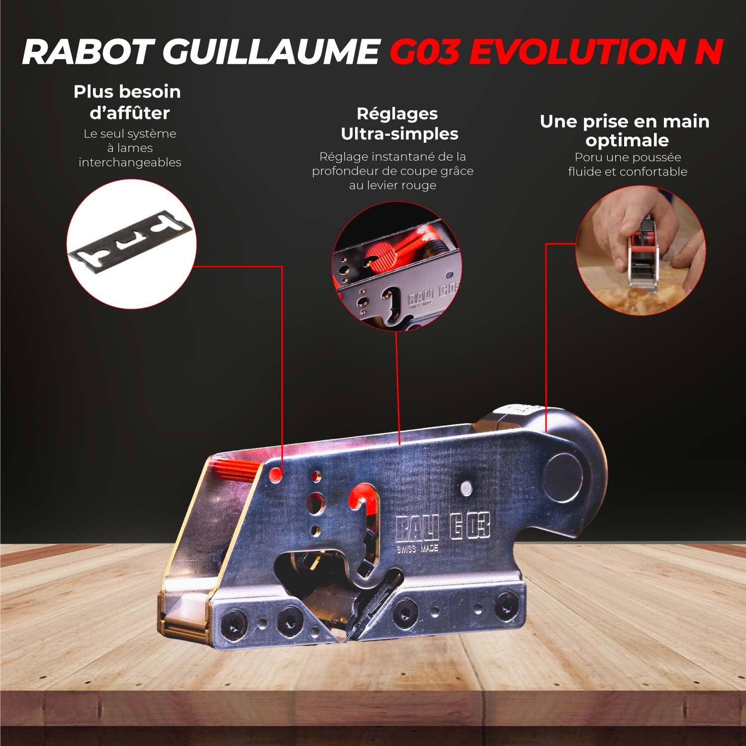 RALI G03 EVOLUTION N Rabot guillaume à une main pour Menuiserie bois. Rabot à main sans affûtage et Réglages ultra-faciles | pour des feuillures de précision